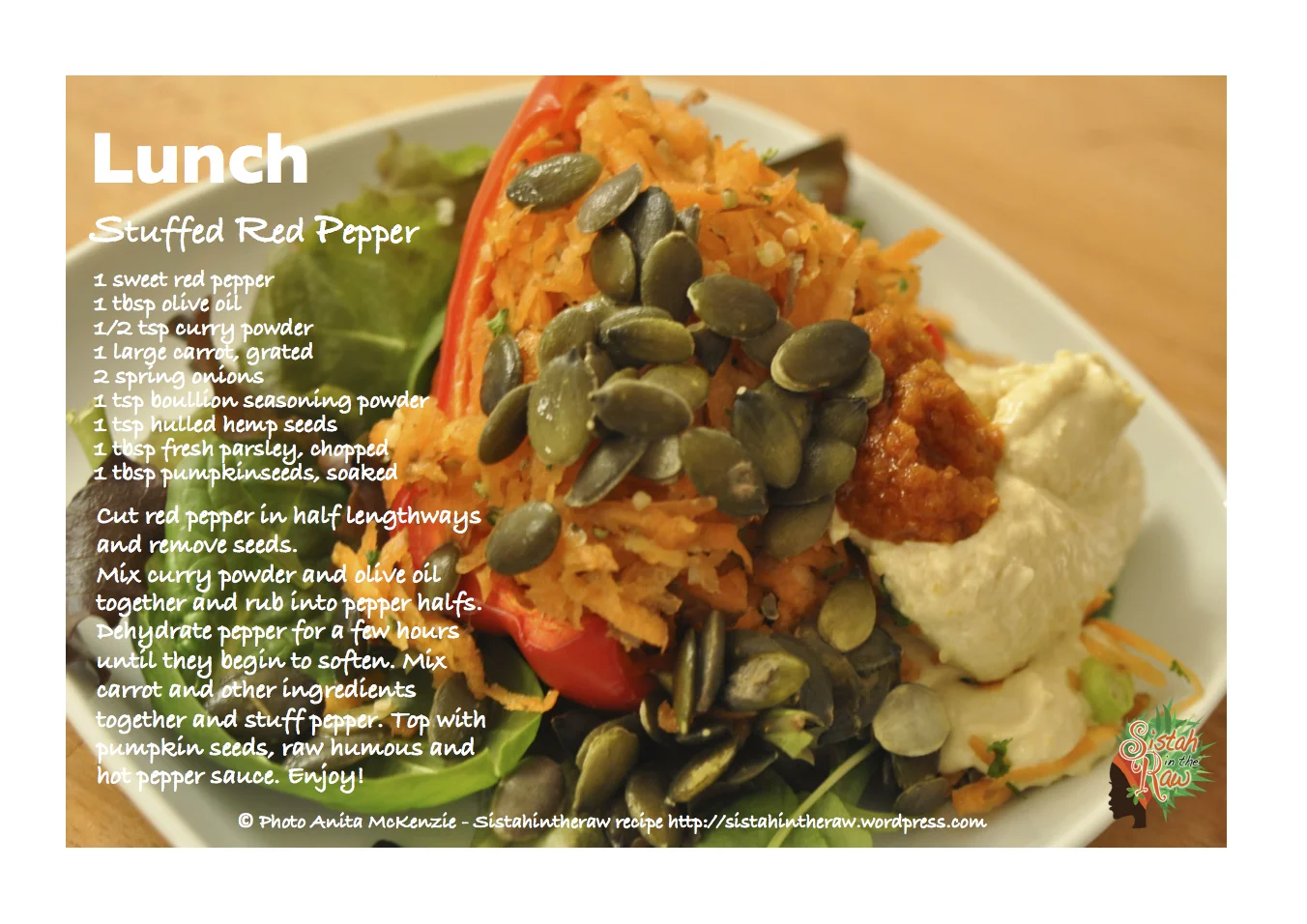 Served on a bed of tender organic baby green leaves, with a side of homemade organic hummus and a dollop of hot pepper sauce.