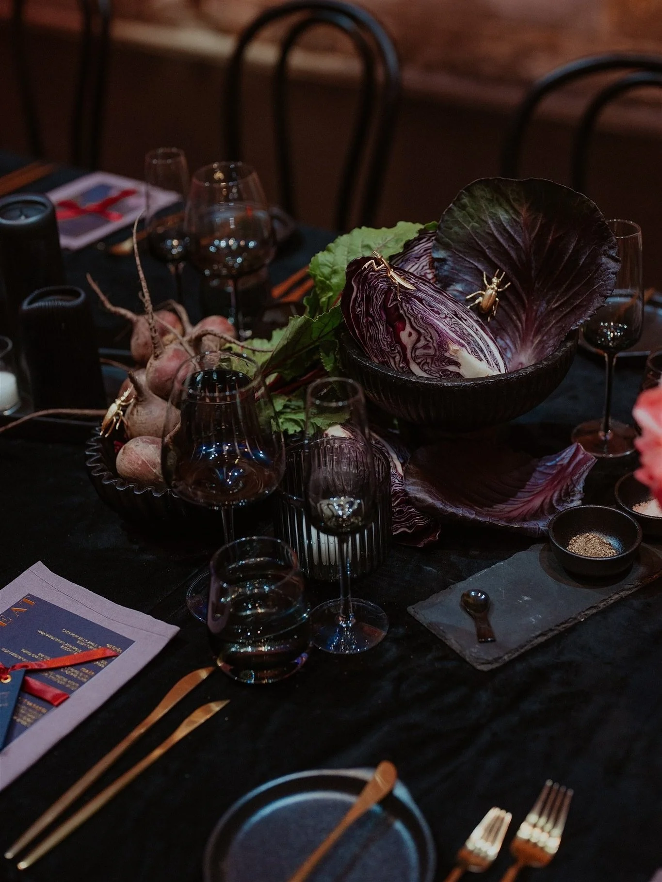 It’s all in the styling for Cat and Eugene. We included so many stunning details along each of their guest tables; florals, candles, vessels, styling items, vegetables and hand painted sculptures. 
Make sure you zoom in for all the quirky deta