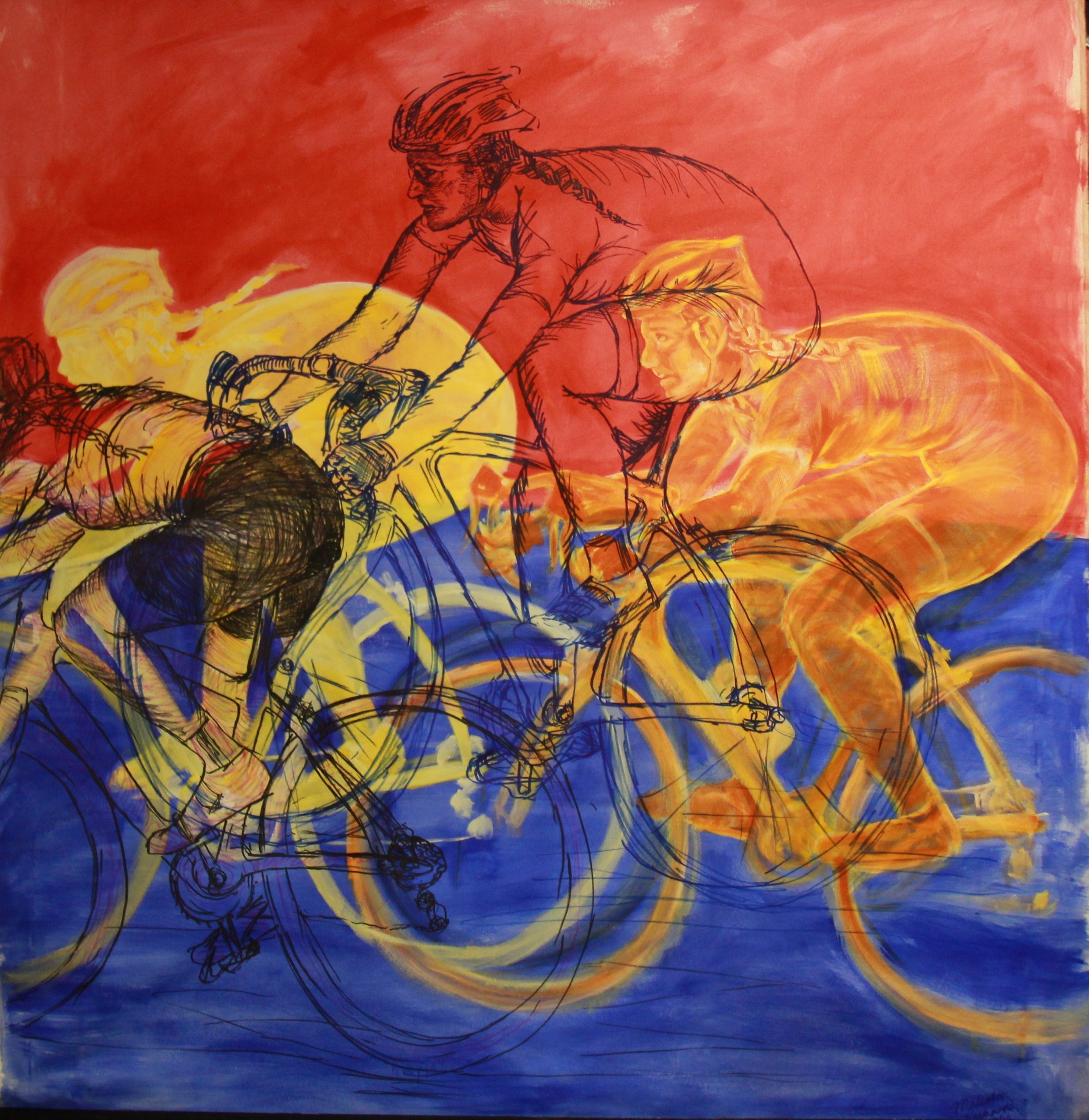 Slipstreaming the peloton 190x200cm mixed media on canvas