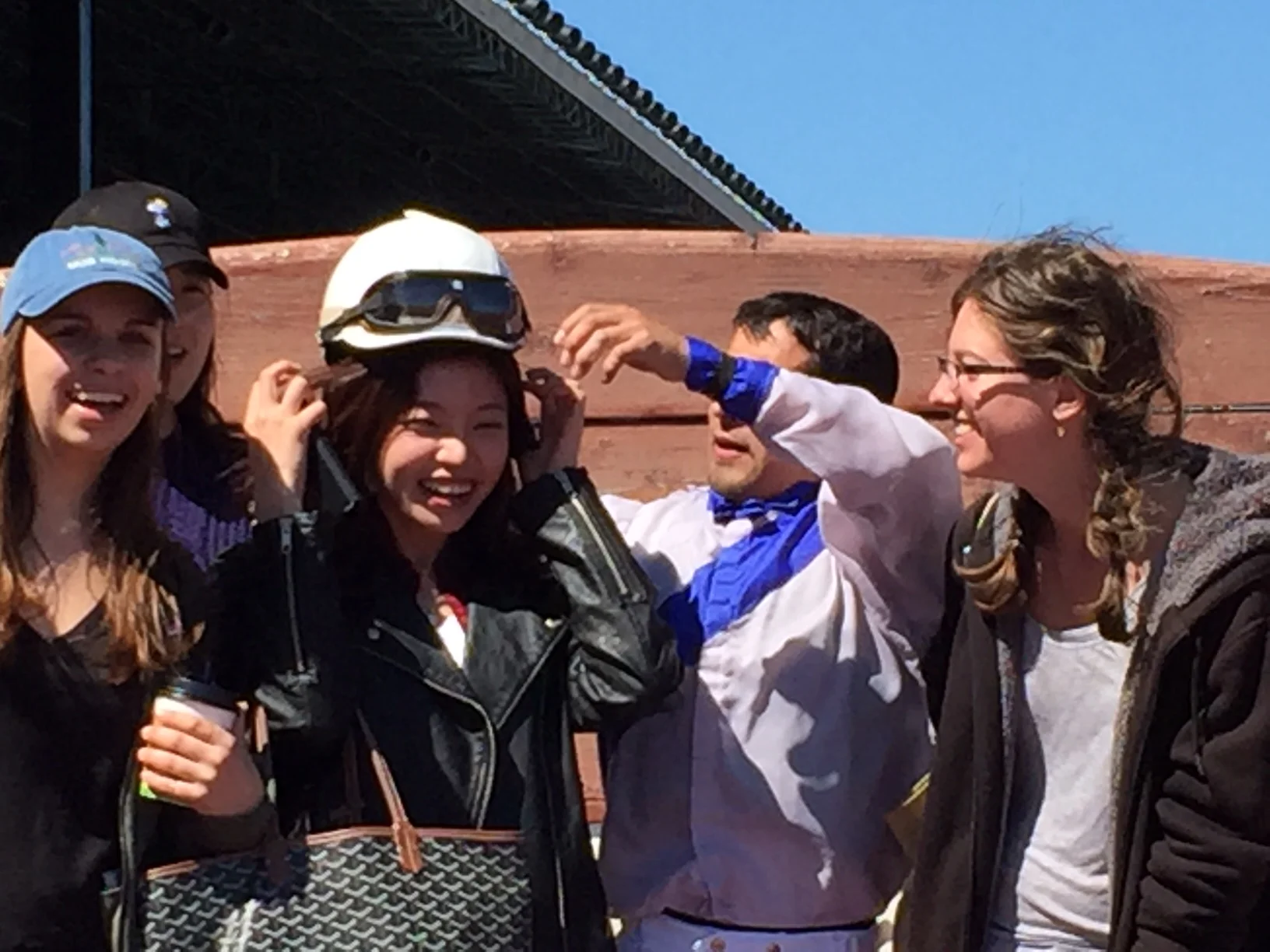 Sue making friends with a horse jockey!