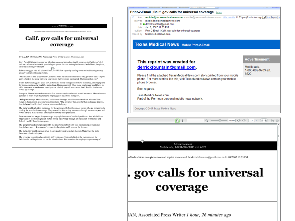 When a story was "printed" from a feature phone, the advertising engine in SyndOut dynamically inserts text ads into the generated PDF, Flashpaper and the email template body.
