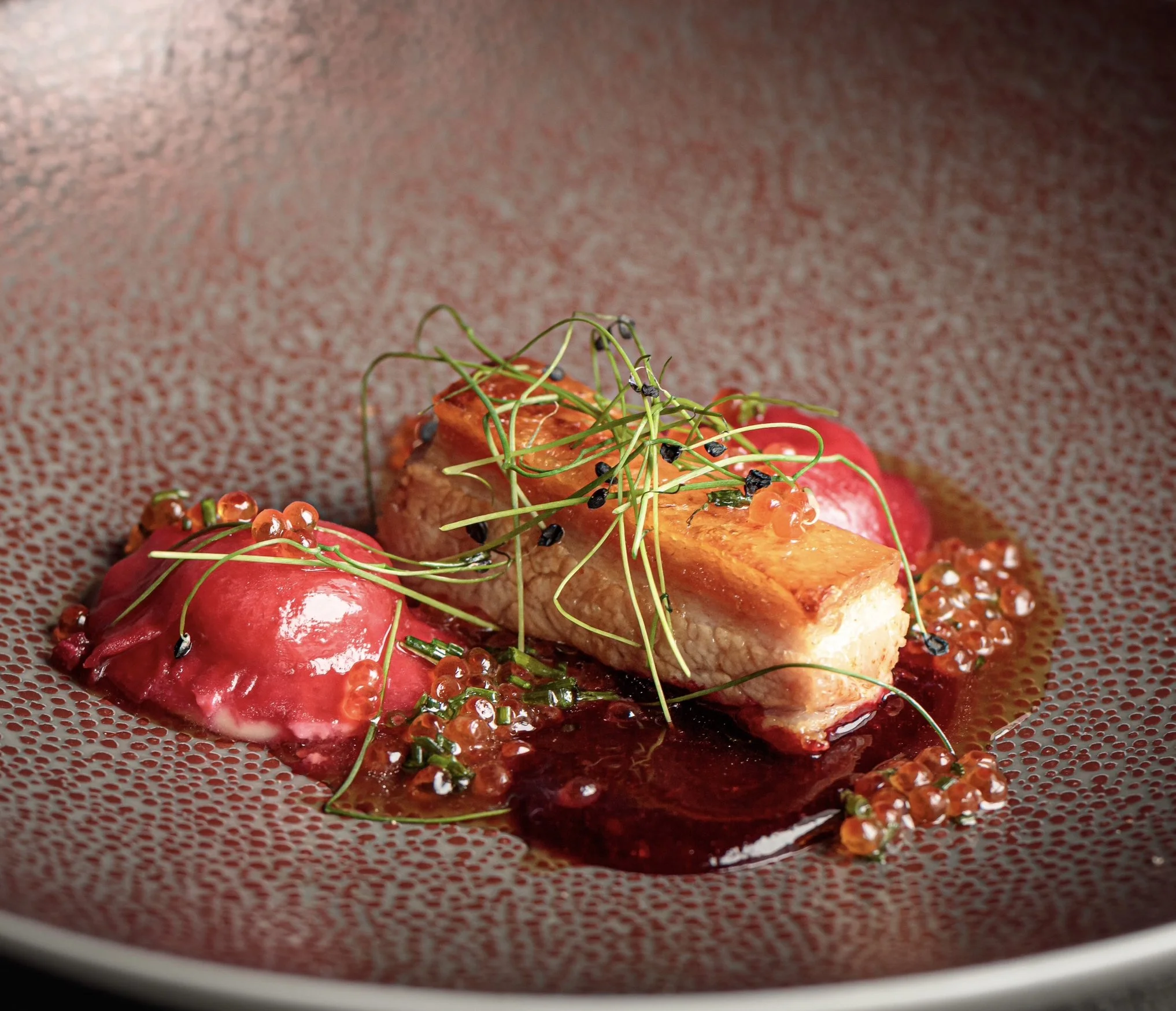 Pork belly with beetroot ravioli, for a private party