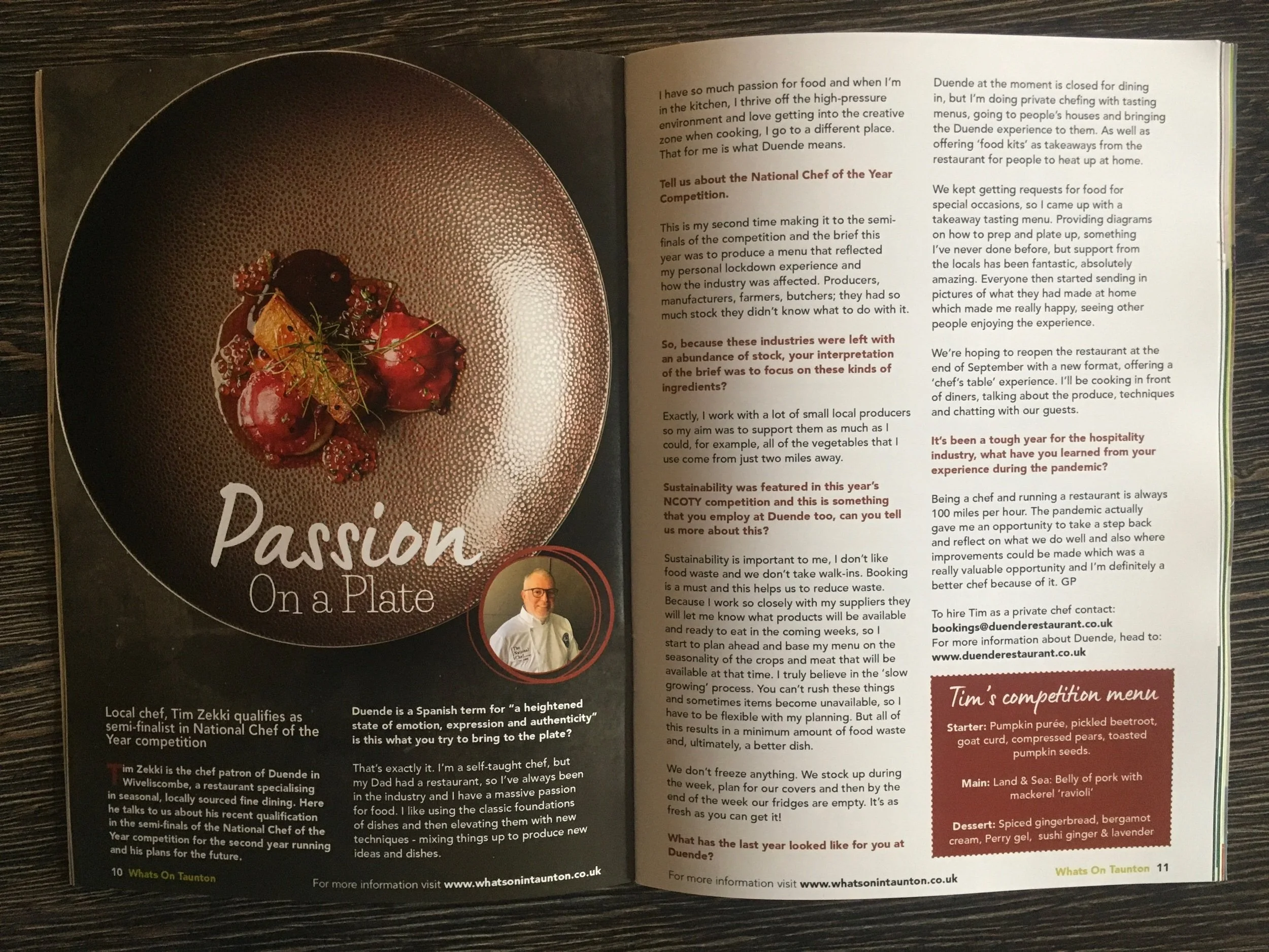 A magazine article about Duende chef Tim Zekkiin a food magazine