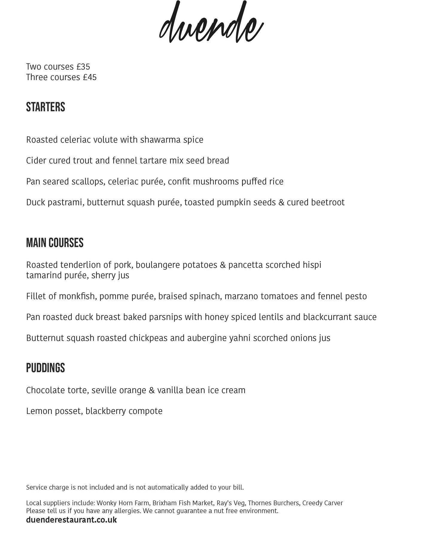 Here&rsquo;s the menu for this weekend that features my own cider-cured trout and duck pastrami that I showcased at @wonky_horn with @williamsitwell last weekend. There will also be scallops and monkfish from Brixham, and veggie options.#wiveliscombe