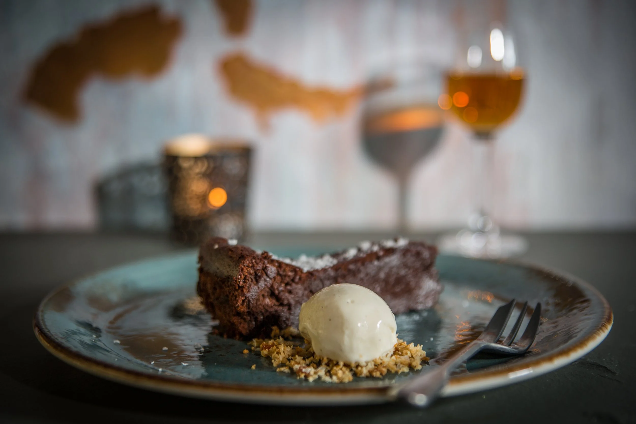 a dark chocolate flourless torte matched with a wonderful dessert wine