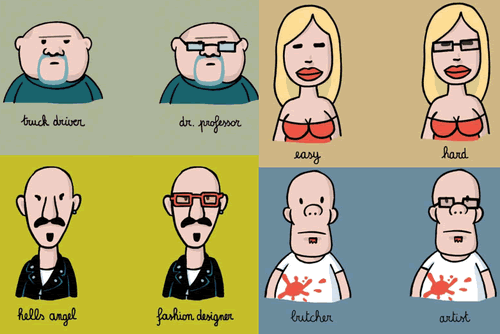 Hier ist eine Zeichnung die natürlich einen sehr subjektiven Blick auf den potentiellen kosmetischen Vorteil einer Brille darstellt. (Dieser Cartoon ist oft zu sehen auf verschiedenen Internetseiten ... aber bisher war es uns unmöglich, den originalen Autor herauszufinden )