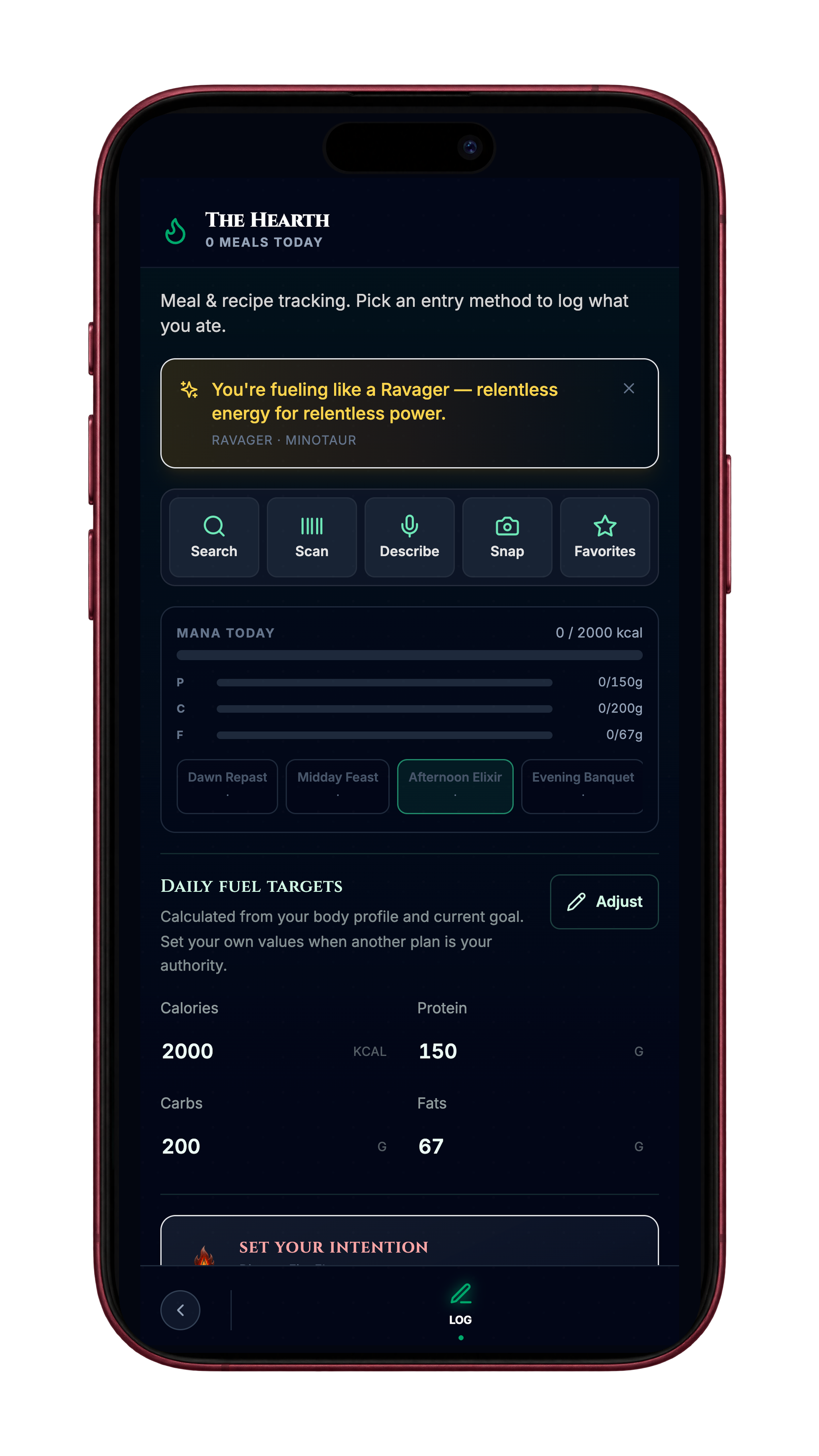 The improved food search and nutrition logging screen, displayed inside an iPhone.