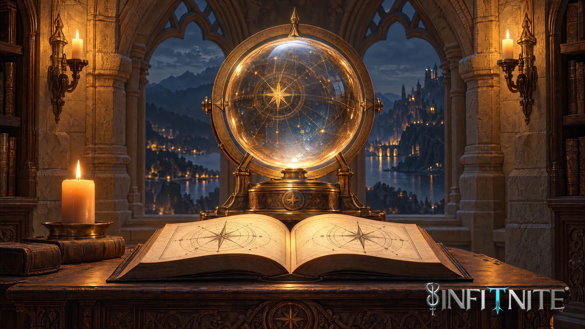 A luminous golden compass in a candlelit study, the artwork for Infitnite’s Enchanter’s Compass.