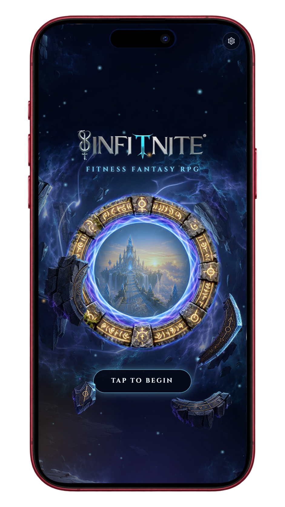 Infitnite’s upgraded title screen and portal, displayed inside a fitted iPhone mockup.