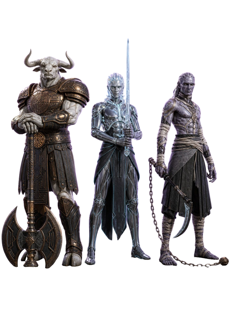 The three starting Infitnite races: an armored Minotaur, a silver Synth wielding a sword, and a purple Revenant warrior.