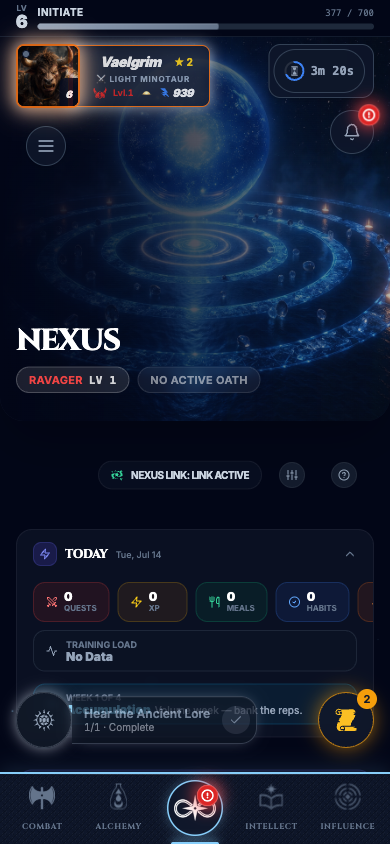Current INFITNITE mobile app Nexus screen showing the Warrior hub and progression interface.