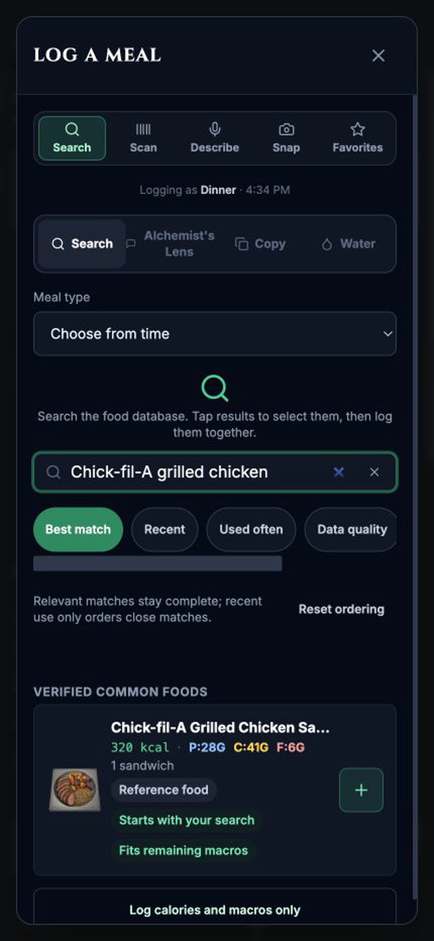 Current INFITNITE Alchemy meal logging screen searching foods in the mobile app.