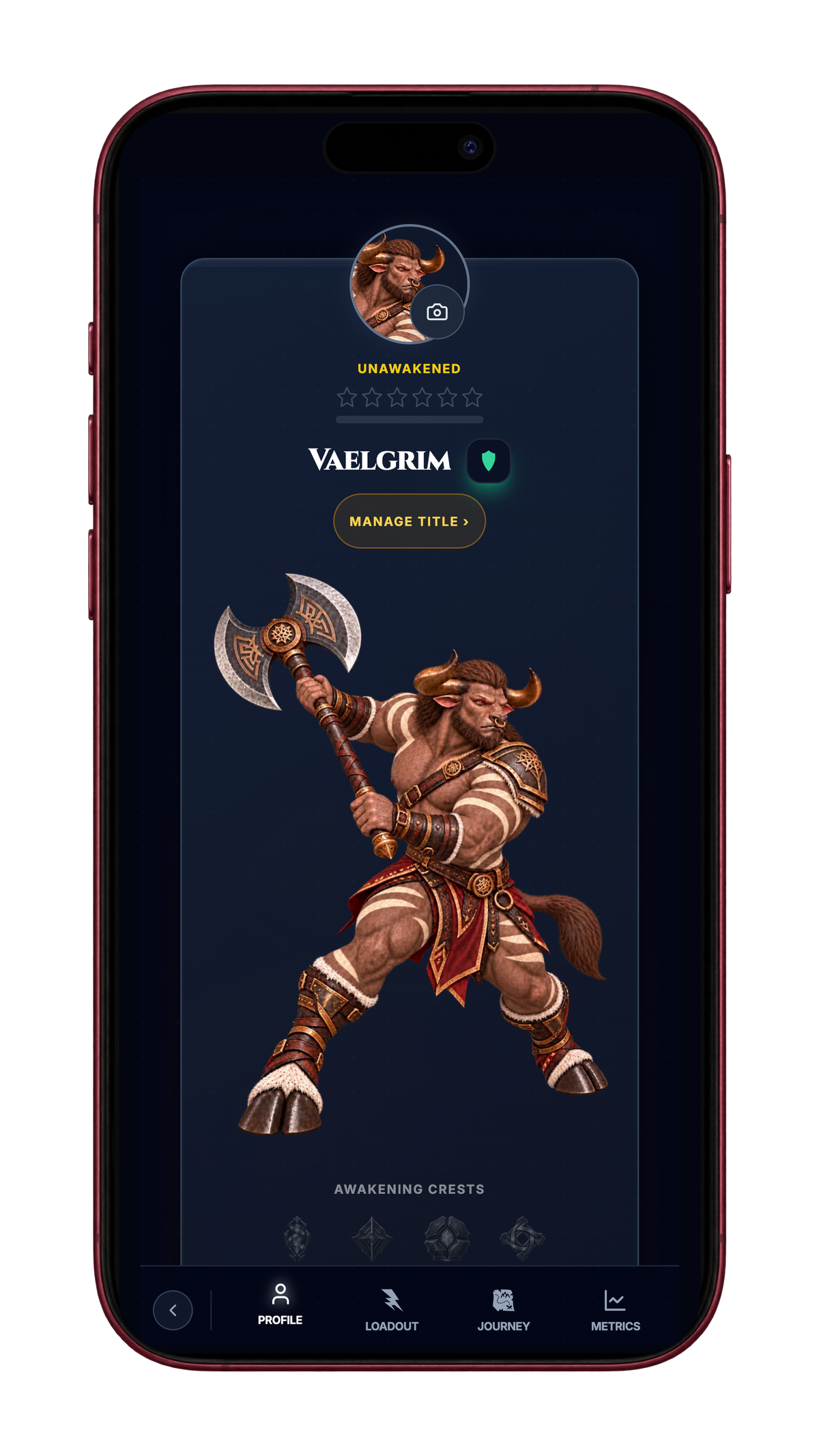 A full-body Infitnite Avatar and the upgraded profile, displayed inside an iPhone.