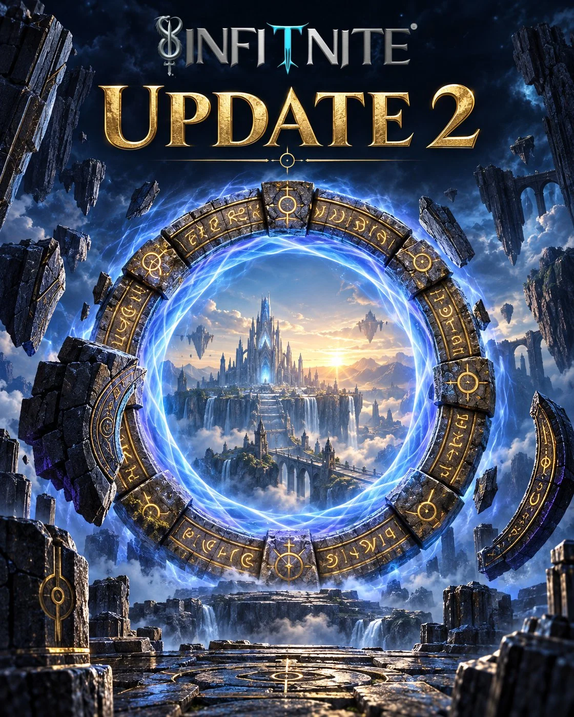 Infitnite Update 2 cover with the official silver-and-cyan dragon-and-sword logo, a blue portal, and a fantasy citadel.