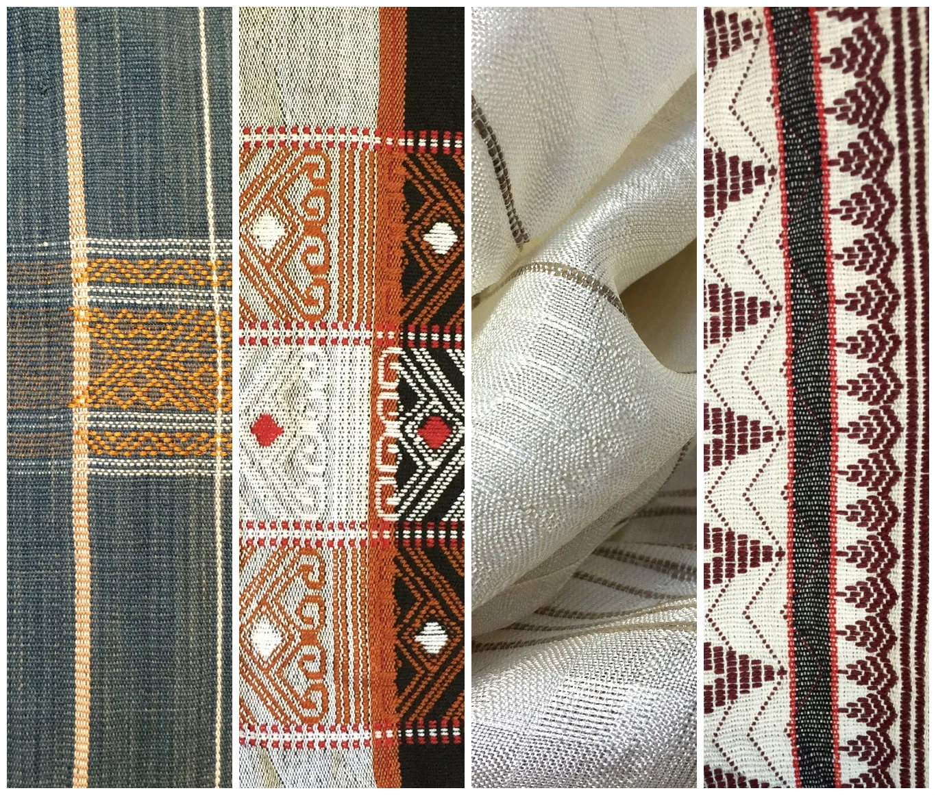 Far Left and Right: cotton scarf and throw with Naga designs by Chin ethnic weavers from Myanmar; Second left: cotton shaman shawl from the Apatani tribe, Ziro Valley in Arunachal Pradesh, India; Second right: silk and lotus thread scarf from Paw Khone Village, Myanmar.
