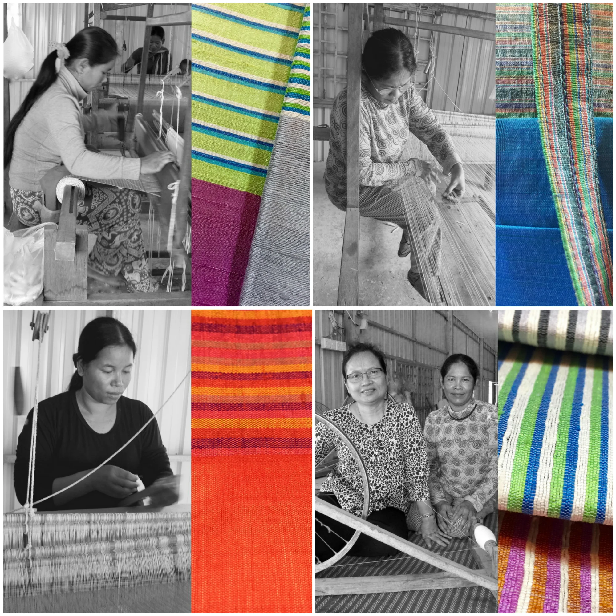 Weavers from a women’s cooperative in Krang Thong Village, Cambodia; Bottom right on left: Vibol Sath, founder of Colors of Life Social Enterprise; details of multi-colored designs of hand spun and handwoven rough silk accessories. CAMBODIA