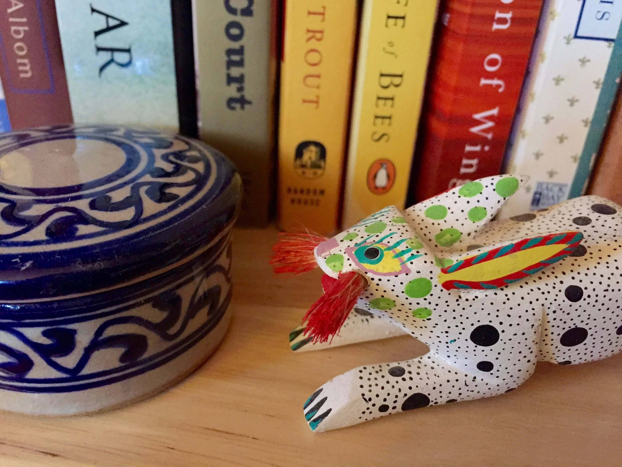 I had conversations with these two handcrafted objects: a ceramic container from Fez, Morocco and an Oaxacan rabbit figurine that was a gift from a dear friend in Mexico