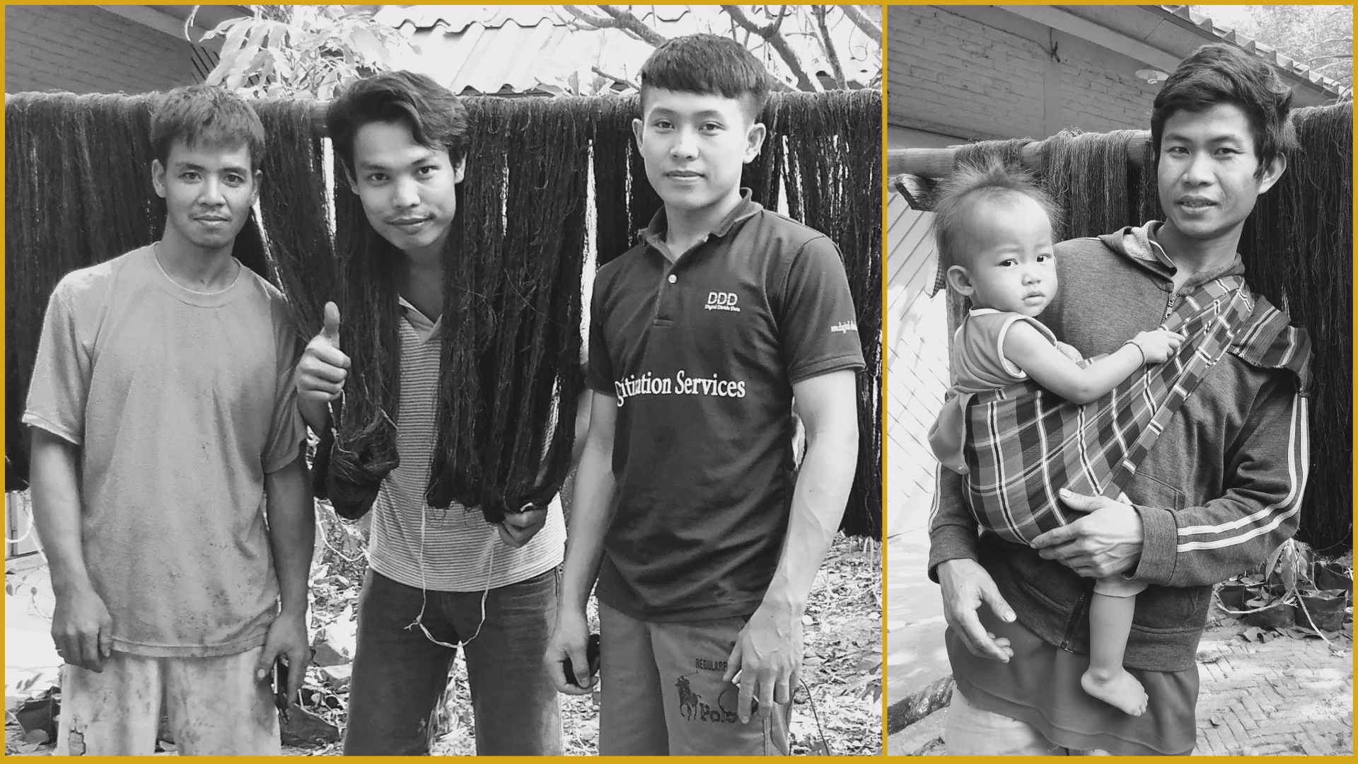 Soh, Nyai, and Ger, natural dye assistants, and at right, Yo, lead natural dyer with his daughter
