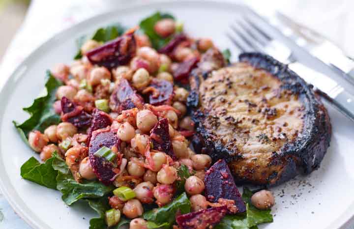 Honey-&-Ginger-Infused-beetroot,-chickpea-and-baby-kale-salad-with-pork-chops-and-beetroot-ketchup-outside.jpg