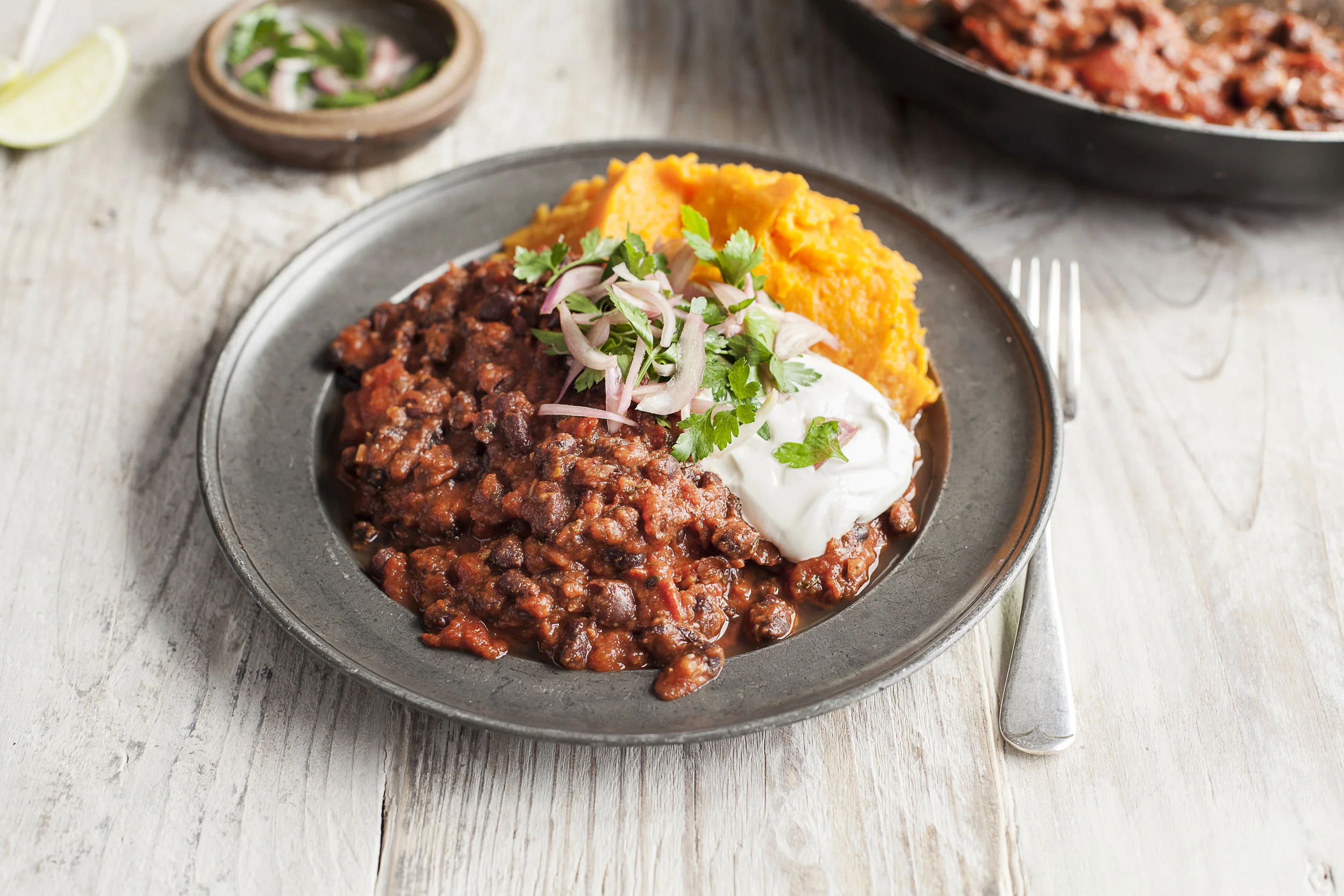 An example of one of the dishes - Black bean chilli with ginger, lime and sweet potato mash