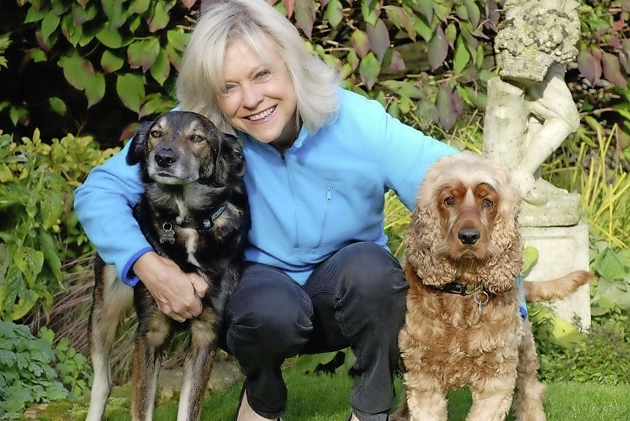 Sue pictured with her rescue dogs Batty and Charlie