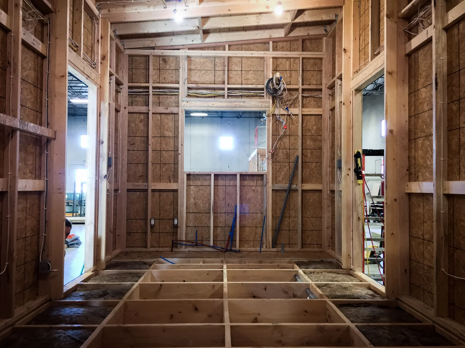 Kitchen-end of the home, prior to sheathing the floor perimeter.