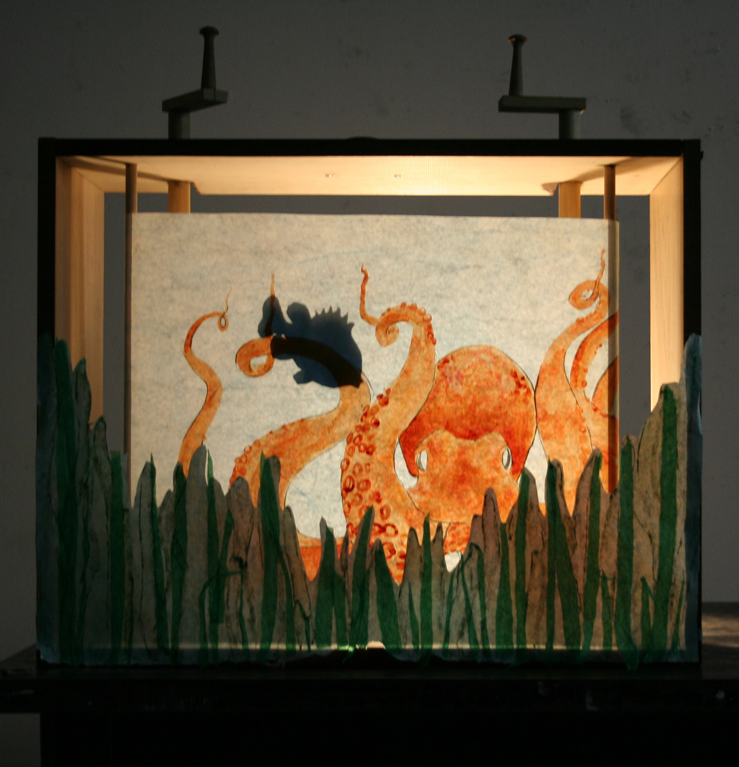  Drawing II  18" tall paper scroll  Watercolor, Shadow Puppetry, "Crankie"/Moving Panorama Box 