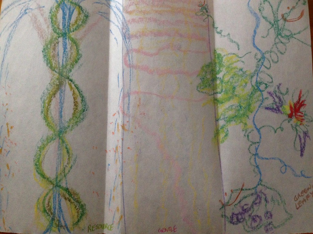Words In Motion: drawing experience; from left to right: Resource. Gentle. Green-leafy.