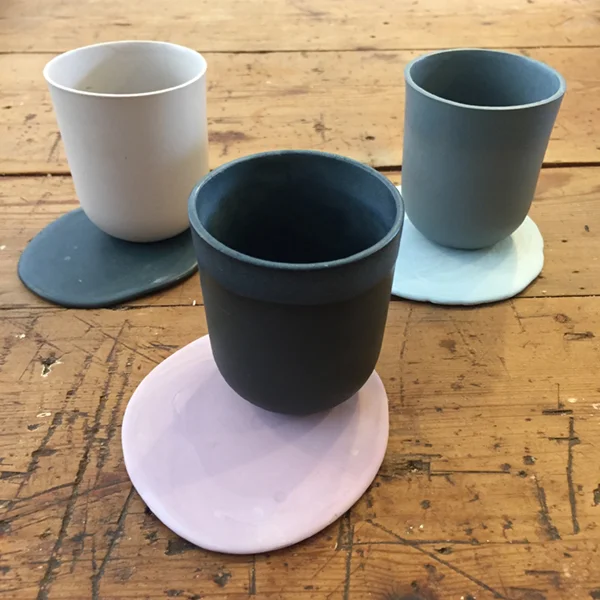 Slip Cast Teacups and Coasters Semi Porcelain, matte glaze