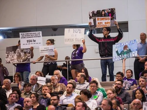 The San Jose City Council chamber hosted people on both sides of the rent-control debate Tuesday in a marathon meeting that ran into early Wednesday. Photographer: Vicki Thompson