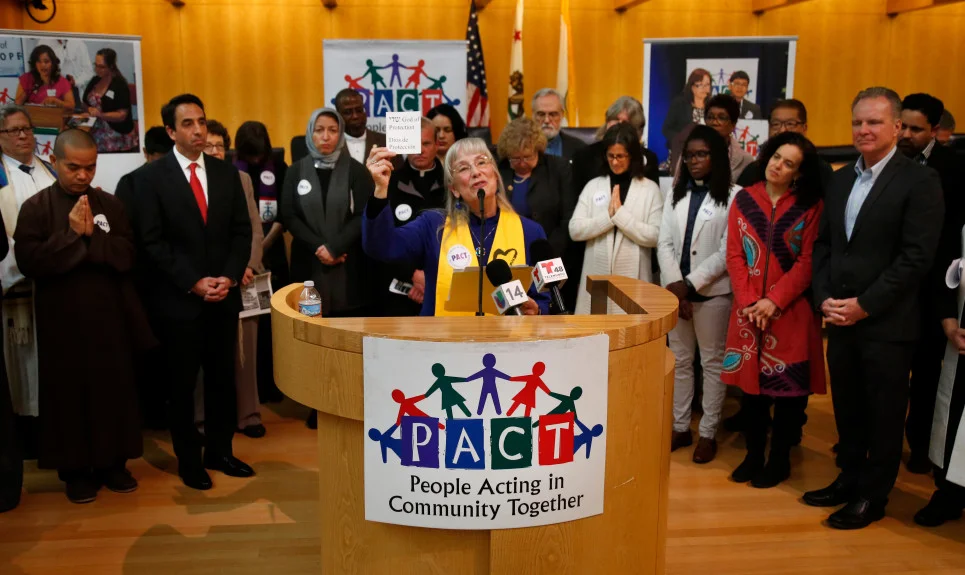 In this file photo, Rev. Nancy Palmer Jones, of the First Unitarian Church of San Jose, speaks during a press conference with public officials and faith leaders with the grassroots organization PACT at City Hall in San Jose, Calif., Friday, April 6, 2017. PACT launched a county-wide “solidarity network” aimed at protecting and defending “immigrants who are living in fear under the threat of deportation.” (Patrick Tehan/Bay Area News Group)