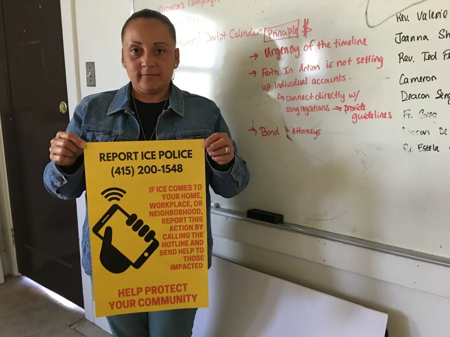 When immigration agents arrested Violeta Roman's father in San Francisco in 2014, she rushed to her neigborhood church and received help finding a law and community member who volunteered to accompany her father to immigration court. Roman then helped create a network of rapid responders to provide families facing deportation similar support. Credit: Monica Campbell
