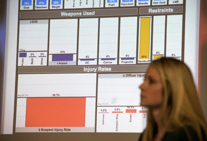 San Jose Police Department Lt. Gina Tibaldi talks about the new SJPD online dashboard that will give the community access to force data and other information so that they can generate their own reports and studies at police headquarters in San Jose, California, on Wednesday, January 10, 2018.(LiPo Ching/Bay Area News Group)