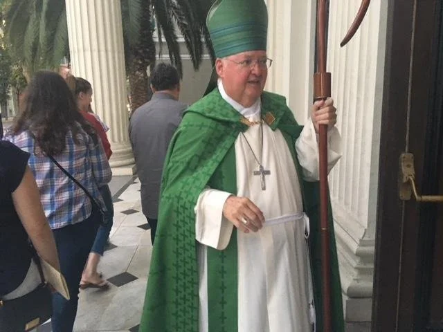 Bishop Patrick McGrath outside of San Jose’s Cathedral Basilica of St. Joseph on Market Street. McGrath led a prayer service for immigration reform and reunification of migrant families on Tuesday, July 17. (Harvey Barkin photo)