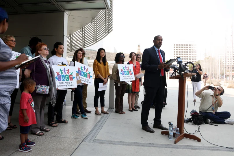 Frank Richardson of the faith-based civil-rights group PACT, speaks in front of City Hall in San Jose, Calif., Monday, Aug. 6, 2018, in opposition to a police union campaign to discredit and oust San Jose’s independent police auditor. (Karl Mondon/Bay Area News Group)