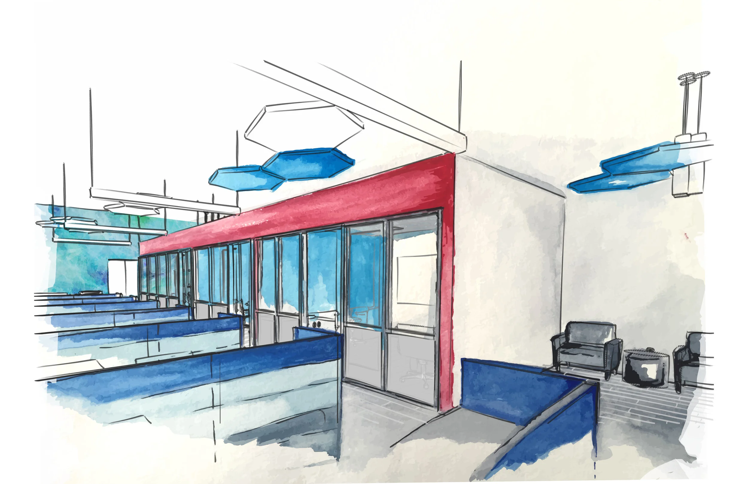 Watercolor vector rendering that was used in the earlier phases to communicate design intent to the client.