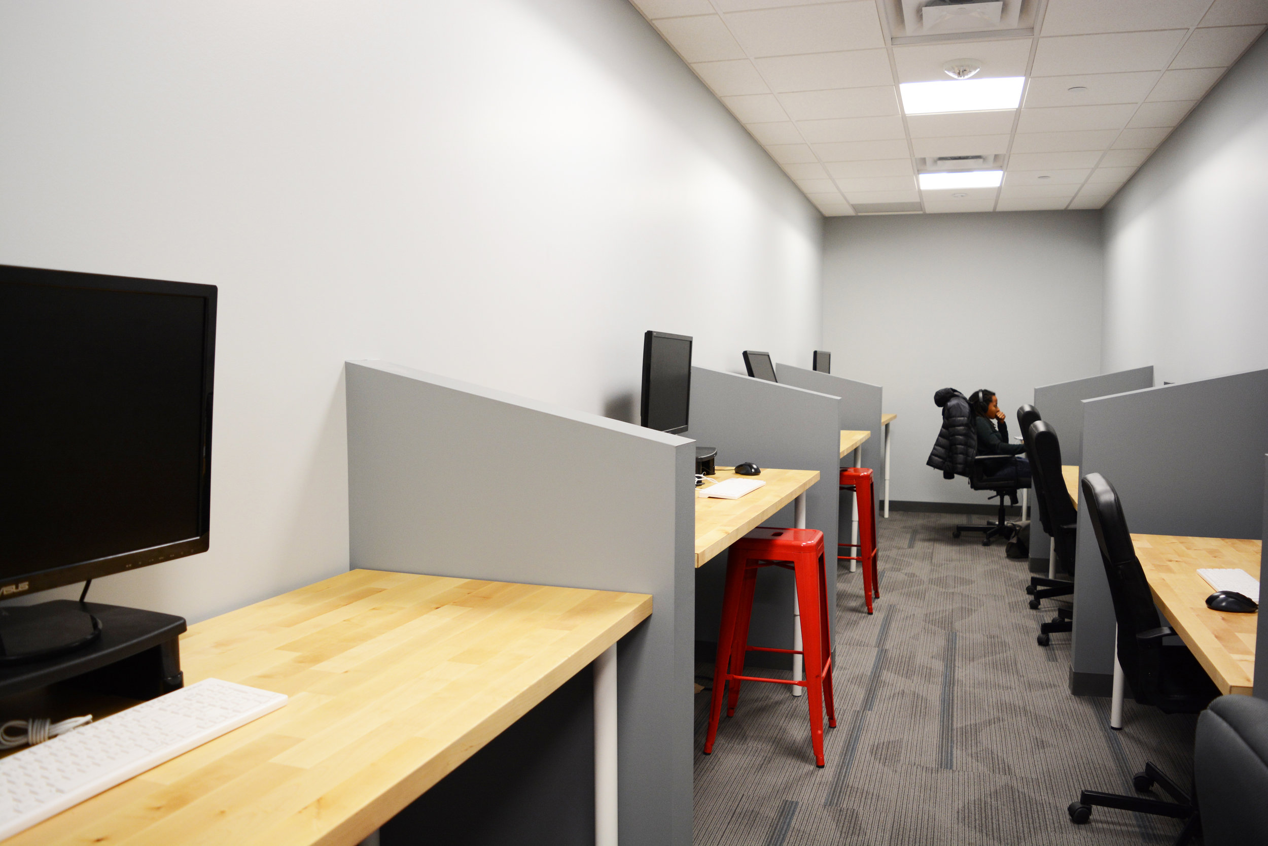 In many cases, student projects are a group effort but when the case arises where individual study time is needed, we found a way to accommodate. Formerly a storage area, we rededicated the space to “quiet study” where the standard hum of student life can be blocked out.
