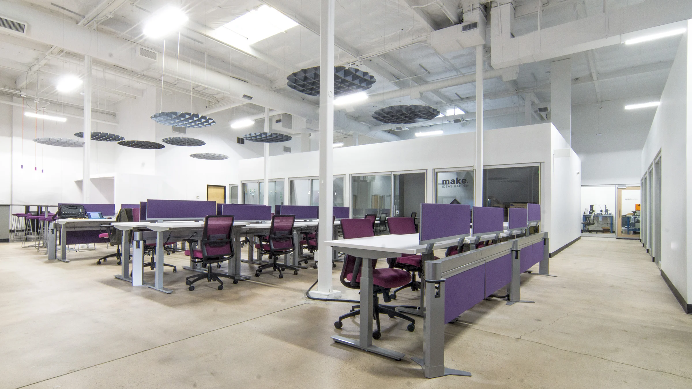 Being a co-working and co-making space, our client wanted to make sure that different levels of desking space were provided to members. Three desking types provided by IE Connect were included: open office tables, sit/stand workstations, and sit/stand desks in private offices. Allsteel Aware , Further , and Altitude systems allowed for continuity between finishes while providing each option with the needed components. At the offices, Allsteel Beyond architectural wall fronts were incorporated to give an open, light feel to each. 