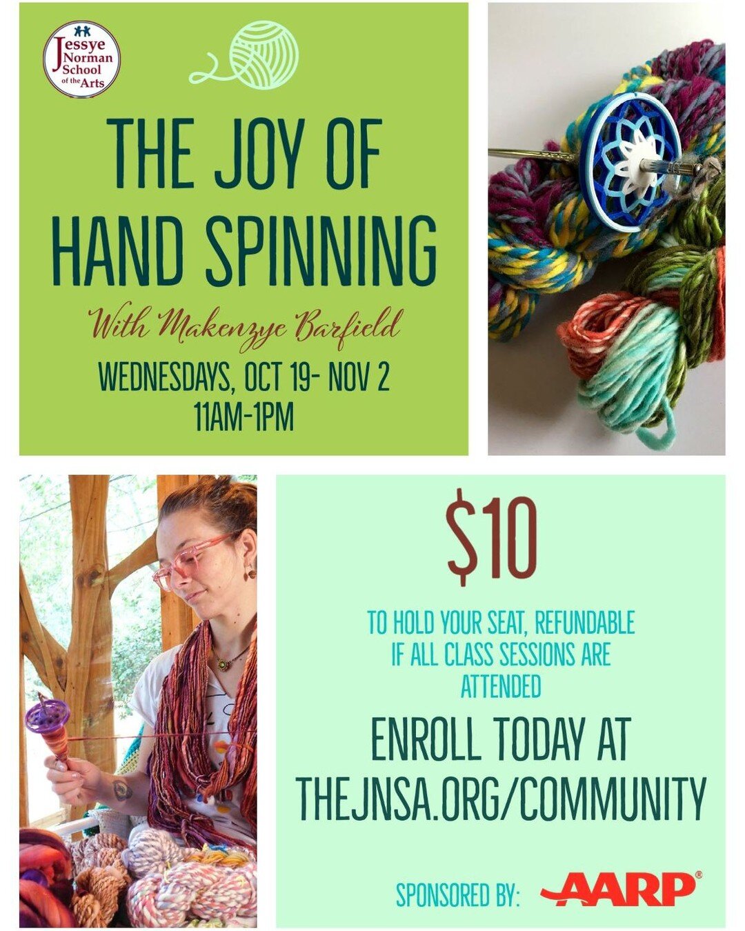 Hey all, we will host a new community class starting in October 19! It is called The Joy of Hand Spinning with Makenzye Barfield -- thank you to our sponsor, AARP (AARP Georgia)

Enroll, find a list of our classes and view our schedule online: thejns