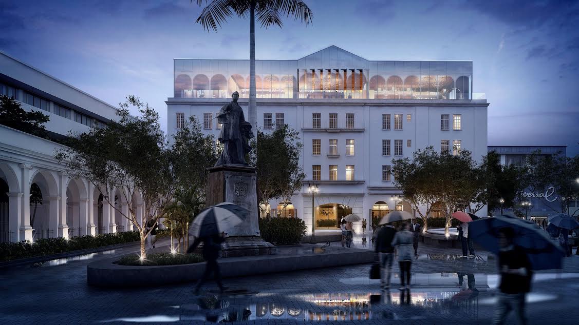 Render de la fachada principal del GHCR, vista desde la Plaza Juan Rafael Mora Fernández