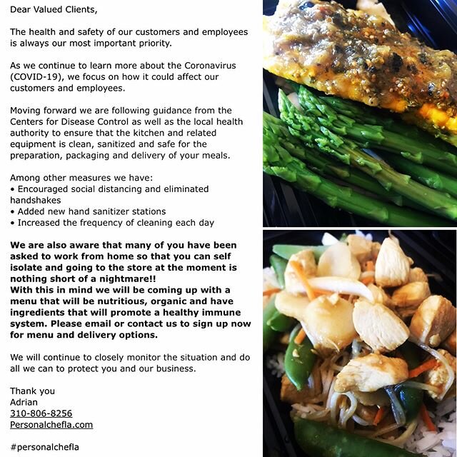 A note from the personalchefla family. We are still open and regular deliveries are scheduled. #personalchef #personchefla #mealplanning #mealdelivery #mealdeliveryinlosangeles #lunch #dinner #fooddeliveryservice #losangeles #santamonica #culvercity