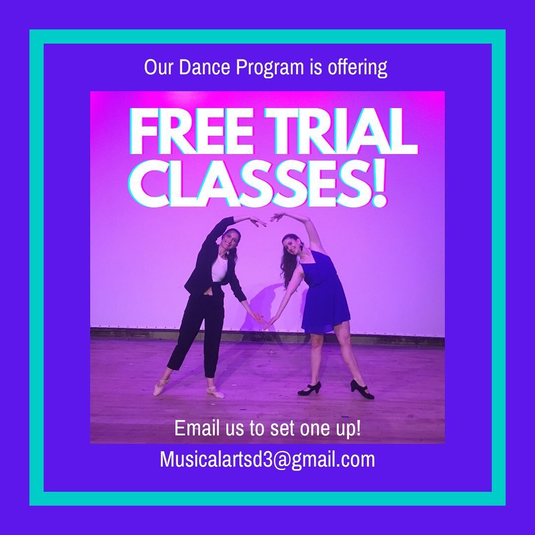 We are offering FREE TRIALS for our dance classes! We have options for 1 years old through adults! Email musicalartsd3@gmail.com to set up your free trial!

Schedule here:  https://musicalartsofdover.com/dance