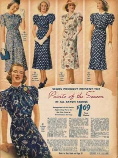 1930s: puffy sleeves, natural waistlines, prints