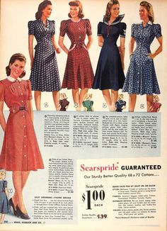 1940s: knee length, belted waist, square sleeves