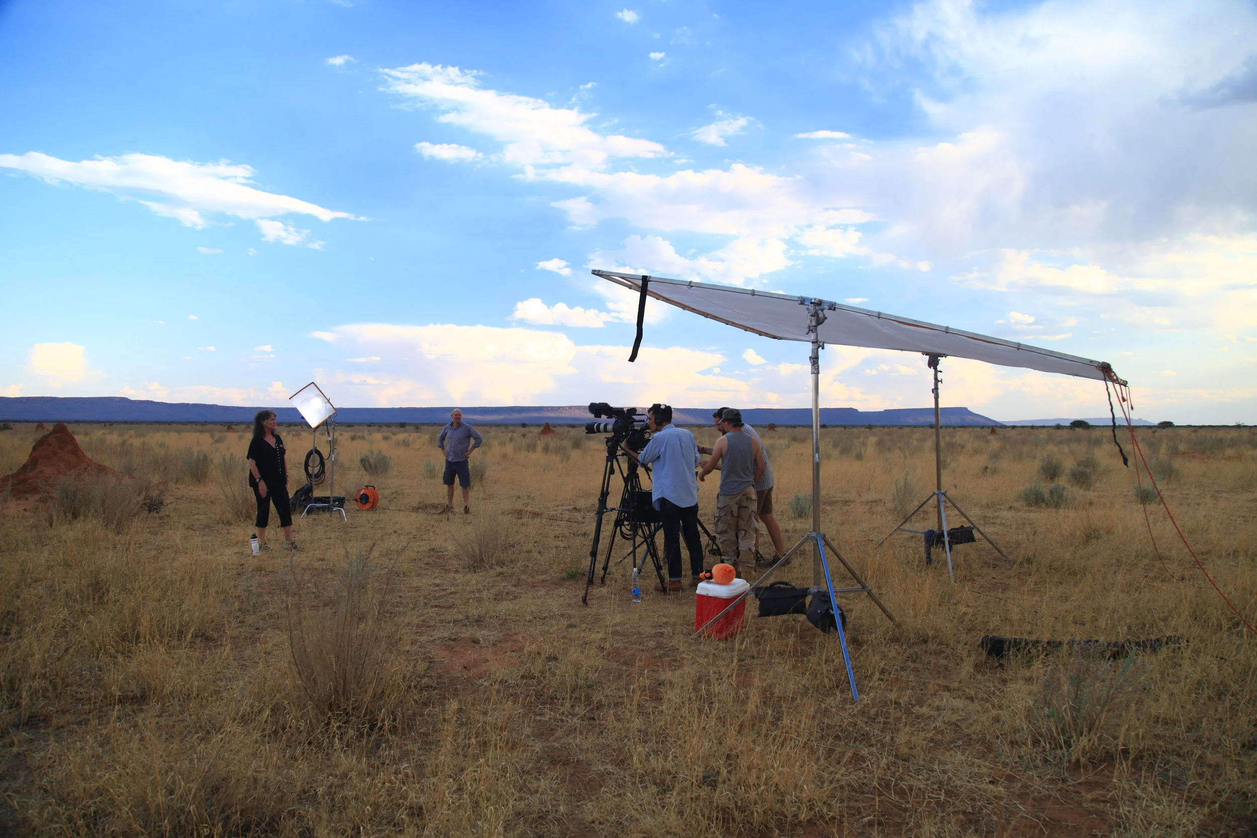 Documentary shoot in Namibia with the Waterberg Plateau in the background.