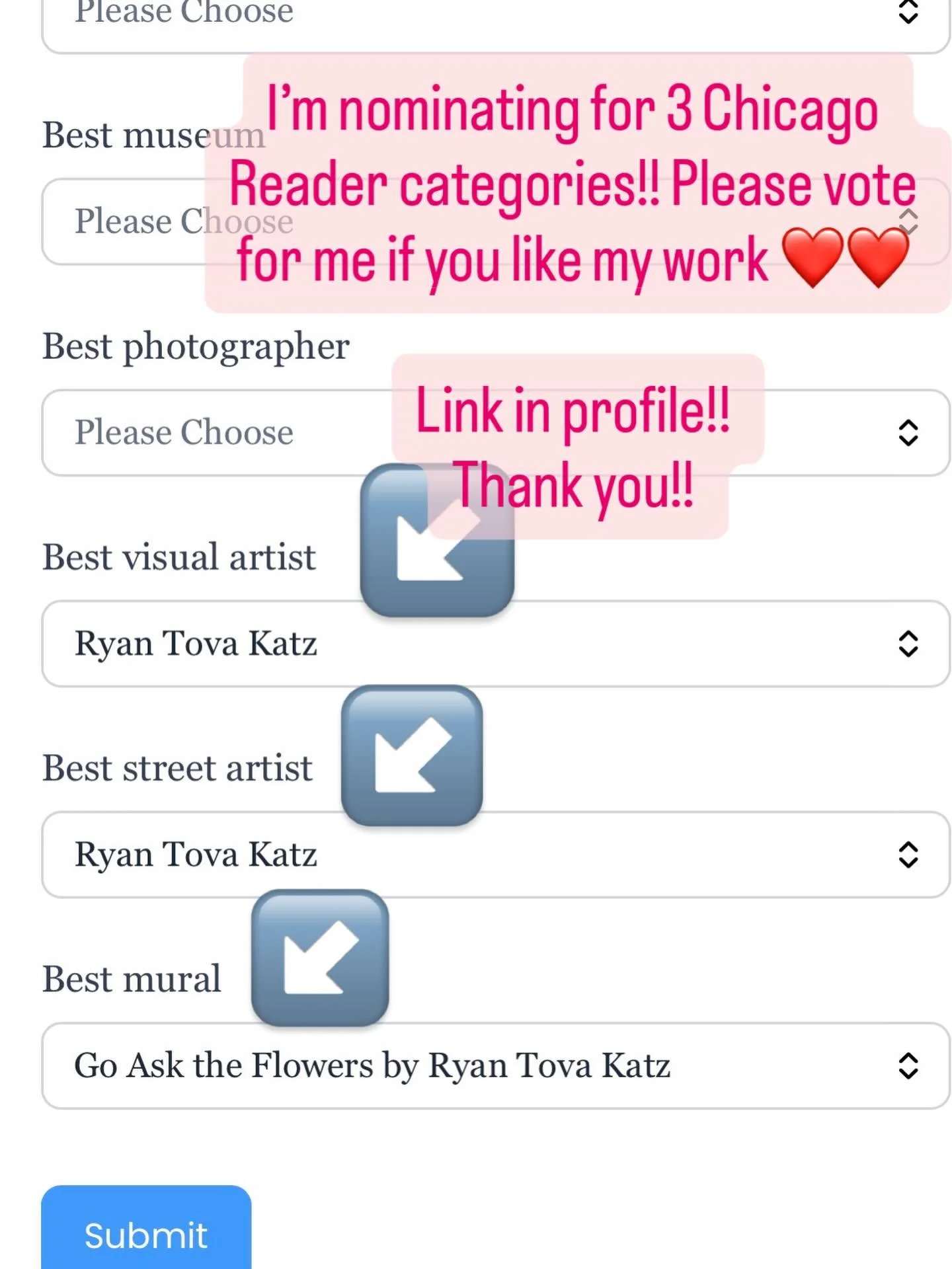 So honored to be nominated in three categories by @chicago_reader  Best Street Artist, Best Visual Artist, and Best Mural.
If my work has ever inspired you, moved you, or made you smile, I&rsquo;d be so grateful if you could follow the link in my bio