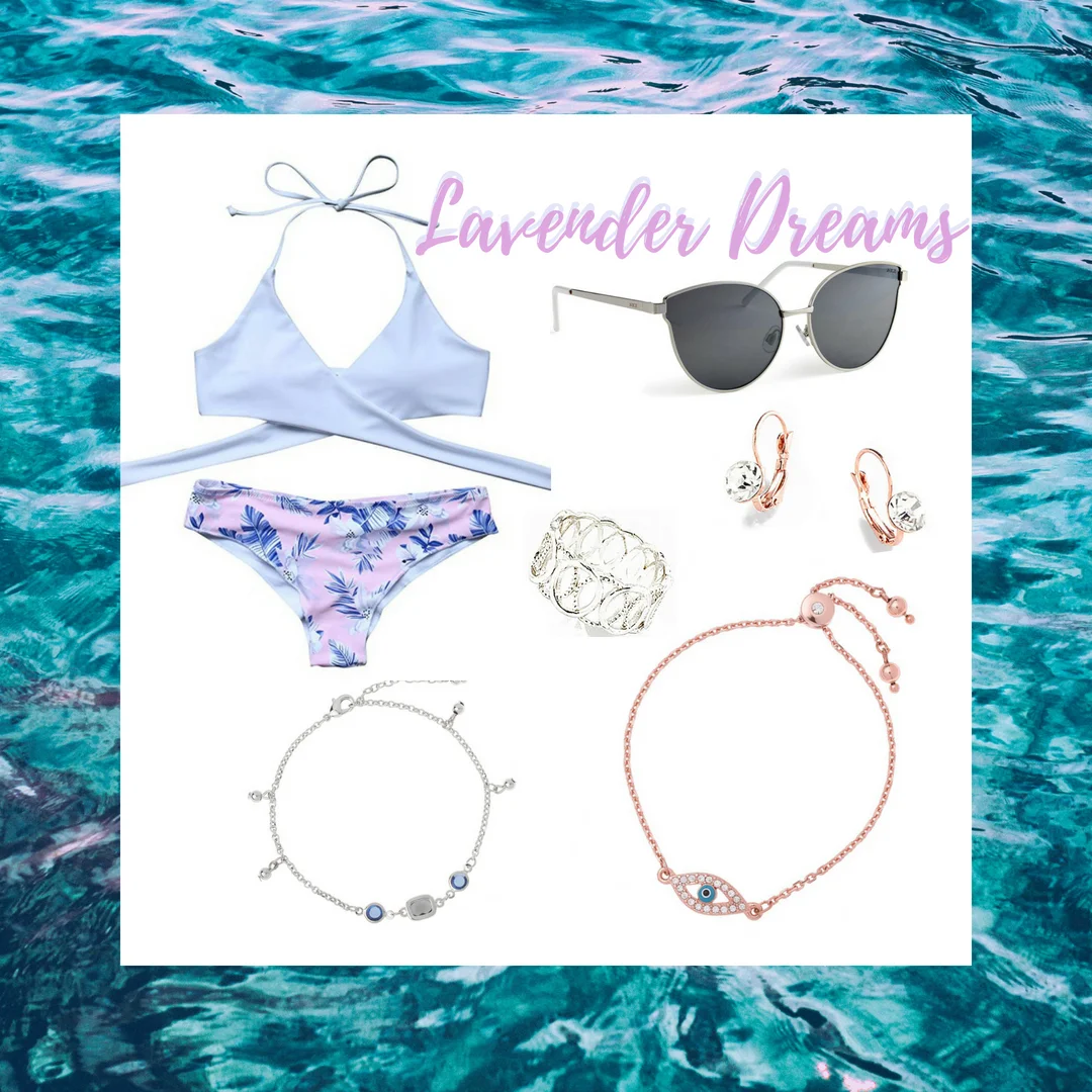 This beach style consists of a strappy top and leaf designed bottoms. It’s paired beautifully with rose gold earrings and bracelet, a rhodium anklet and ring. To top off the look and keep your eyes safe from the sun, amp up your look with some chic grey sunglasses! SKU’S: EE123, 118491L, 118666, 118405L, 1181312