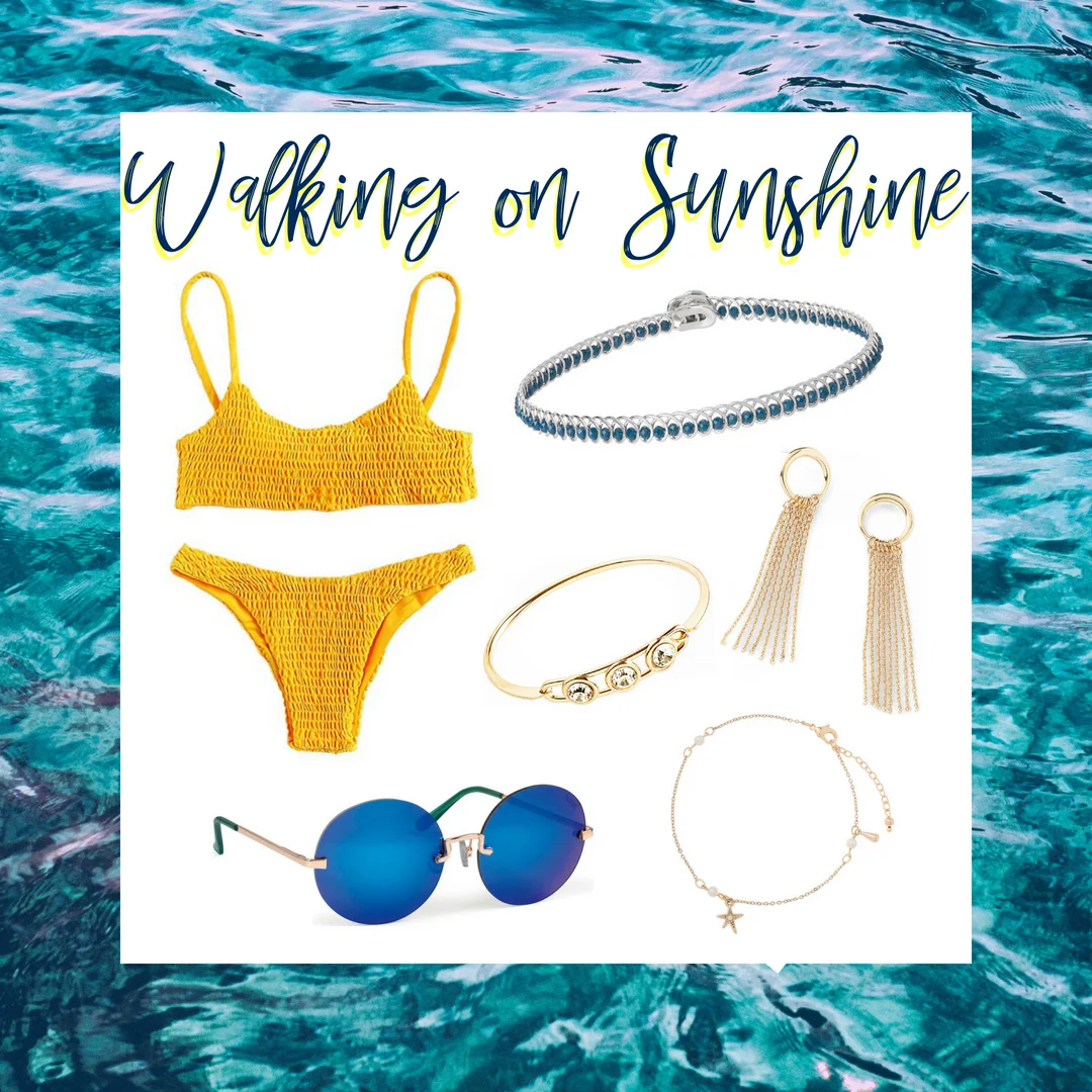 Take amazing pictures under the sun in this radiant yellow two piece! It is paired with our blue choker and sunglasses. Included in this look are gold drop chain earrings, crystal stone bracelet and starfish anklet. SKU’S: 118551L, 118465, 118076, 1181381, EE120