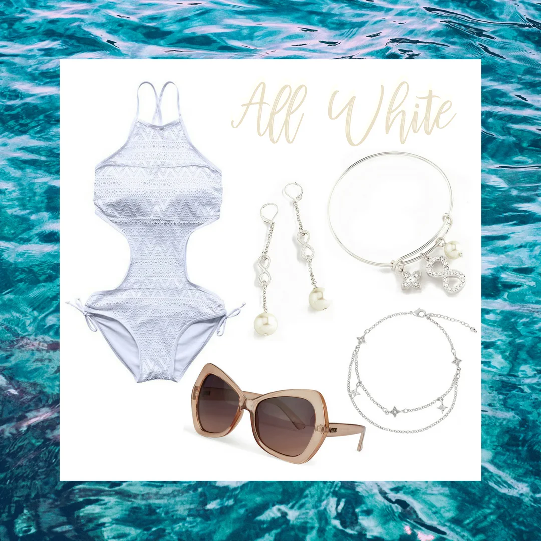 Match the oceans waves and hidden pearls with this textured one piece bathing suit. It’s paired with rhodium, pearl accented, infinity earrings, and bracelet. Spice up your beach look by adding our beautiful rhodium anklet and nude sunglasses. SKU’S: P145, EE124, P146, 1181322