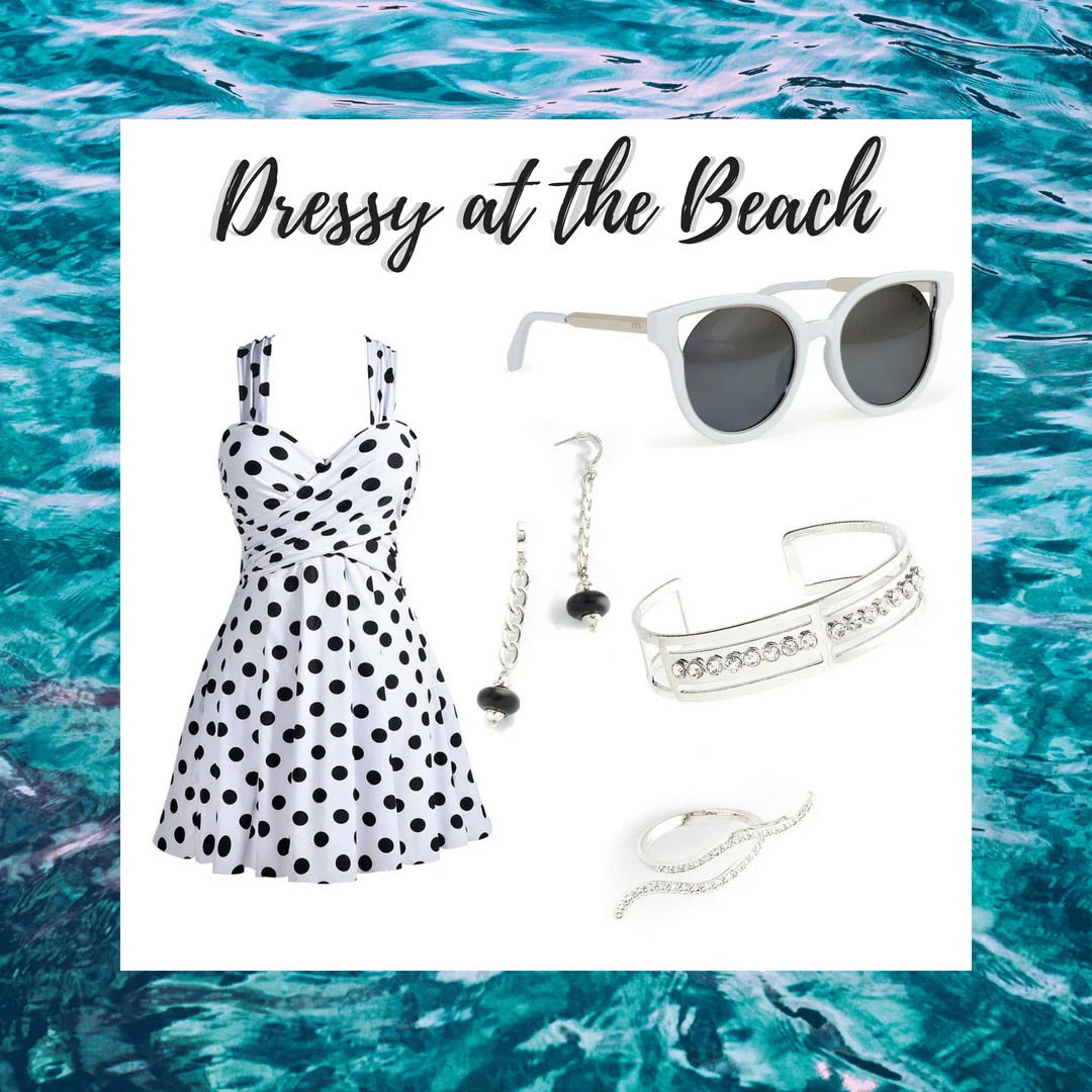 This look is perfect for before, during and after the beach! It is a polka dot dress style bathing suit accented with rhodium chain-link earrings, diamond encrusted bracelet and ring. Add some flare to your look with our white cat-eye sunglasses. SKU’S: 118553L, 118135, 218274, 1181282